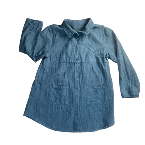 100 Linen Tops - 100% Linen Blue Button-Down Tunic Top with Pockets – Long Sleeve